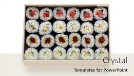  Presentation with sushi - Cool new PPT layouts with assortment of traditional japanese sushi backdrop and a soft green colored foreground