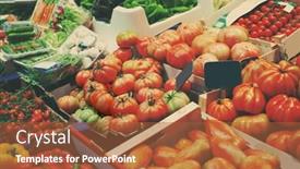  Presentation with market - Amazing PPT theme having assortment of vegetables at market backdrop and a red colored foreground