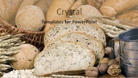  Presentation with whole grain flour - Slide set enhanced with assortment of whole grain wheat breads on a table an old time flour shifter sits on the side background and a coral colored foreground