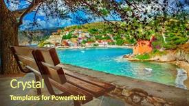  Presentation with village - Slide deck with assos village on kefalonia island greece background and a tawny brown colored foreground