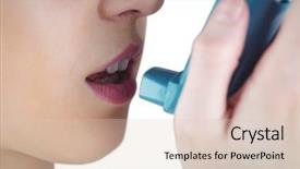  Presentation with inhaler - Audience pleasing presentation consisting of asthmatic brunette using her inhaler on white background backdrop and a lemonade colored foreground