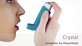  Presentation with inhaler - Theme having asthmatic brunette using her inhaler on white background background and a lemonade colored foreground