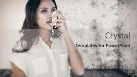  Presentation with inhaler - PPT layouts featuring asthmatic brunette using her inhaler against image of a room corner background and a light gray colored foreground