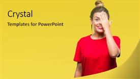  Presentation with young woman - Beautiful PPT theme featuring astigmatism - young beautiful woman over isolated backdrop and a yellow colored foreground