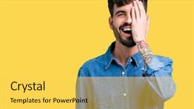  Presentation with emotion - PPT theme enhanced with astigmatism - young handsome man over isolated background and a  colored foreground