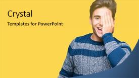  Presentation with sadness and sorrow emotion - Slide set enhanced with astigmatism - young handsome man over isolated background and a  colored foreground