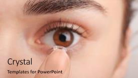  Presentation with vision lens - Presentation theme featuring astigmatism - young woman putting contact lens background and a coral colored foreground