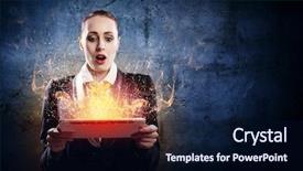  Presentation with ipad - PPT layouts enhanced with astonished business woman holding ipad background and a navy blue colored foreground