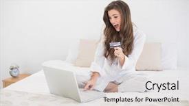  Presentation with online shopping - Slide set having astonished casual brown haired woman in white pajamas shopping online with her laptop in bright bedroom background and a light gray colored foreground