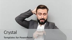  Presentation with late - Slide set enhanced with astonishing - horizontal image of astonished man background and a light gray colored foreground