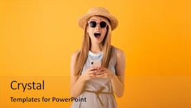  Presentation with portrait of excited overjoyed female - Audience pleasing presentation design consisting of astonishing - portrait of an excited young backdrop and a gold colored foreground