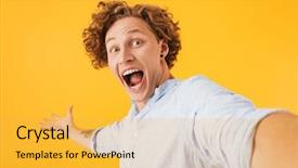  Presentation with belated happy birthday - Colorful slide deck enhanced with astonishing - portrait of astonished happy guy backdrop and a yellow colored foreground