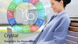  Presentation with astrology - PPT theme having astrology horoscope technology and people concept - young smiling woman with laptop and capricorn zodiac sign computer sitting on bench in city background and a light blue colored foreground