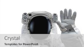  Presentation with nasa science astronaut - Audience pleasing PPT theme consisting of astronaut-in-spacesuit-raise-hand backdrop and a light gray colored foreground