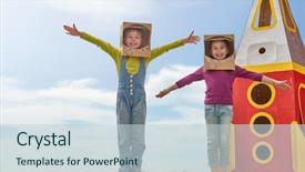  Presentation with children plush toy and dolls - Cool new PPT layouts with spacemen portrait of funny kid backdrop and a lemonade colored foreground