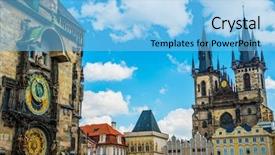  Presentation with prague astronomical clock - Presentation with astronomer - tyn cathedral church and famous background and a light blue colored foreground