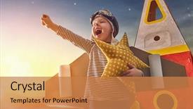  Presentation with toy - Beautiful PPT theme featuring astronomy - child in astronaut costume backdrop and a coral colored foreground