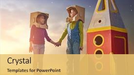  Presentation with children playing - Slide deck having astronomy - children in astronauts costumes background and a yellow colored foreground