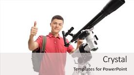  Presentation with telescope - Presentation design consisting of male student with a telescope background and a light gray colored foreground