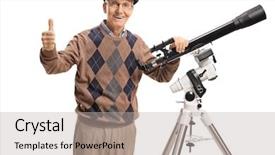  Presentation with telescope - Slides with astrophysics - senior man with a telescope background and a light gray colored foreground