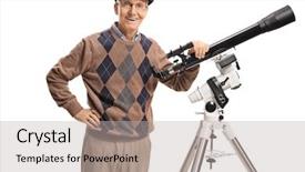  Presentation with telescope - Beautiful slide set featuring astrophysics - smiling senior man backdrop and a light gray colored foreground