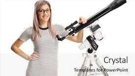  Presentation with telescope - Beautiful PPT theme featuring woman leaning on a telescope backdrop and a light gray colored foreground