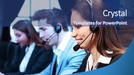  Presentation with call center software - Colorful presentation theme enhanced with atencion al cliente - call center operators at work backdrop and a ocean colored foreground