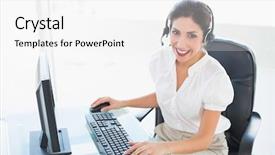  Presentation with call center - Presentation with atencion al cliente - happy call center agent working background and a  colored foreground