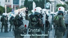  Presentation with riot police - Slide deck having athens-greece-april-16-2015 background and a ocean colored foreground