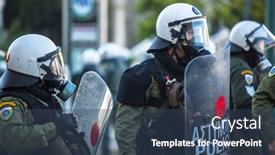  Presentation with riot police - PPT layouts enhanced with athens-greece-circa-apr-2015 background and a ocean colored foreground