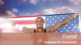  Presentation with gold start - Presentation having athlete holding gold medals background and a coral colored foreground