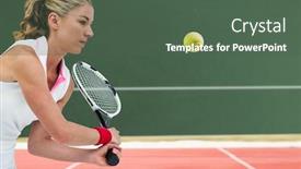  Presentation with athlete - Cool new presentation theme with athlete playing tennis with a racket against digitally generated image of playing field backdrop and a ocean colored foreground