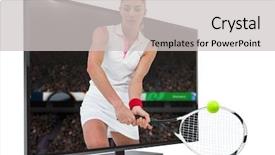  Presentation with athlete - Presentation featuring athlete playing tennis with a racket against view of a stadium background and a light gray colored foreground