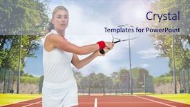  Presentation with athlete - Beautiful slide deck featuring athlete playing tennis with a racket against composite image of tennis field on a sunny day backdrop and a sky blue colored foreground