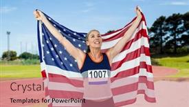  Presentation with victory - PPT layouts featuring athlete posing with american flag after victory against athletics field on a sunny day background and a coral colored foreground