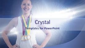  Presentation with athlete - Presentation theme featuring athlete posing with gold medals background and a light blue colored foreground