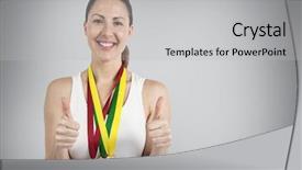  Presentation with gold medal ceremony - Cool new PPT theme with athlete posing with gold medals backdrop and a light gray colored foreground