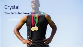  Presentation with athlete - Amazing slide deck having athlete posing with gold medals backdrop and a sky blue colored foreground