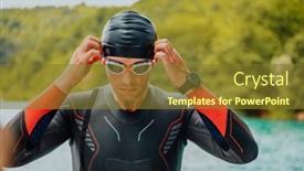  Presentation with triathlon - PPT theme having athlete-putting-on-a-swimming background and a tawny brown colored foreground