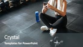  Presentation with mobile phone in woman hand - PPT layouts enhanced with athlete sitting and using mobile background and a  colored foreground