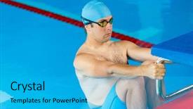  Presentation with pool side - PPT theme featuring athlete swimmer man at side background and a cyan colored foreground