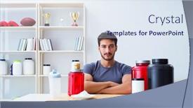  Presentation with supplements - Presentation design featuring athlete tasting new protein supplements for better muscles background and a sky blue colored foreground