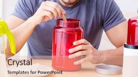  Presentation with supplements - Presentation theme featuring athlete tasting new protein supplements background and a lemonade colored foreground