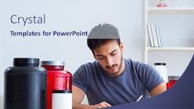  Presentation with protein - Slide set with athlete tasting new protein supplements for better muscles background and a sky blue colored foreground