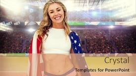  Presentation with wrapped flag - Theme with athlete with american flag wrapped around his body against composite image of tennis ground with supporters background and a coral colored foreground
