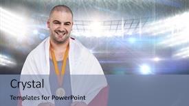  Presentation with gold medal - Audience pleasing theme consisting of athlete with olympic gold medal backdrop and a seafoam green colored foreground
