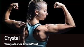  Presentation with flexing - PPT theme with athlete woman flexing muscles against black background background and a wine colored foreground