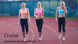  Presentation with running race - Amazing PPT theme having athlete woman group running on athletics race track on soccer stadium and representing competition and leadership concept in sport backdrop and a coral colored foreground