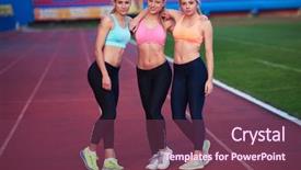  Presentation with running race - Slide set with athlete woman group running on athletics race track on soccer stadium and representing competition and leadership concept in sport background and a violet colored foreground