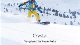  Presentation with snowboard - PPT theme consisting of athlete woman in helmet and mask is riding on snowboard on snowy slope at winter day background and a sky blue colored foreground